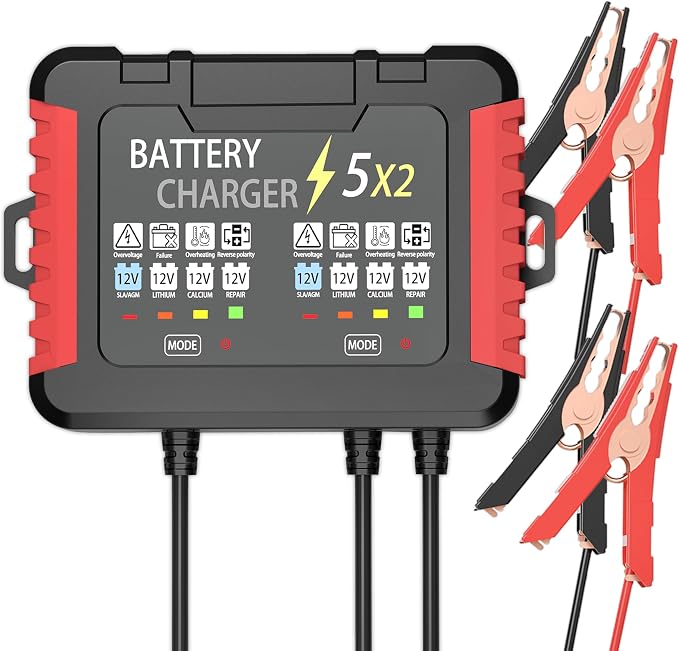 12V 2-Bank Onboard Battery Charger, 10A 5A Per Channel IP68 Waterproof Charger, 6-Stage Trickle Charger with Battery Maintainer & Desulfator for AGM Lithium Calcium Battery for Car RV Boat