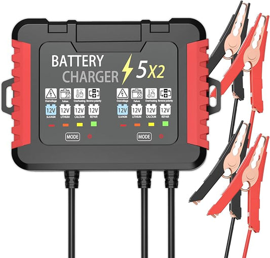 12V 2-Bank Onboard Battery Charger, 10A 5A Per Channel IP68 Waterproof Charger, 6-Stage Trickle Charger with Battery Maintainer & Desulfator for AGM Lithium Calcium Battery for Car RV Boat