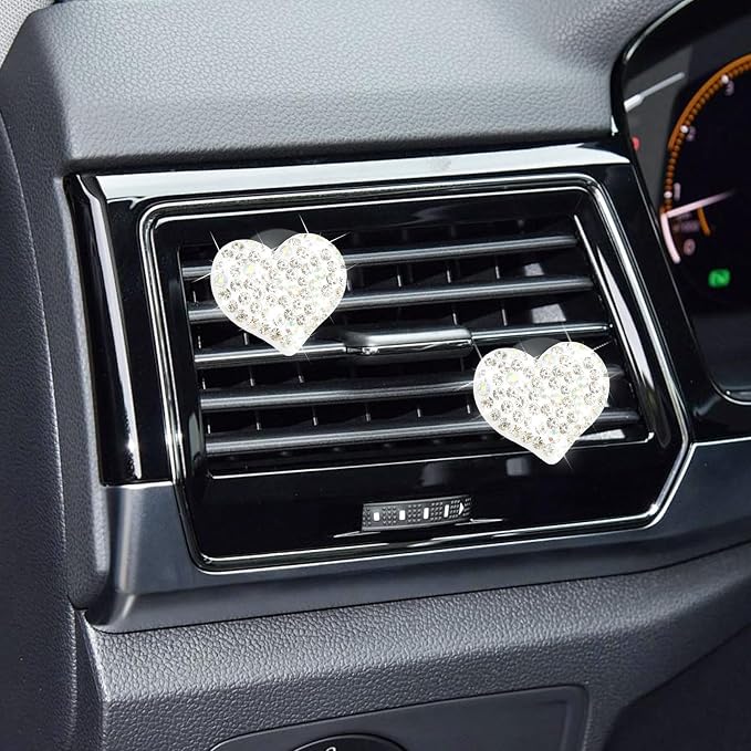 4PCS Bling Car Vent Clips with Rhinestone,Cute Heart Air Vent Clips for Interior Decorating,Shiny Air Vent Clips Car Accessories as Birthday Gifts for Women & Girls (White)