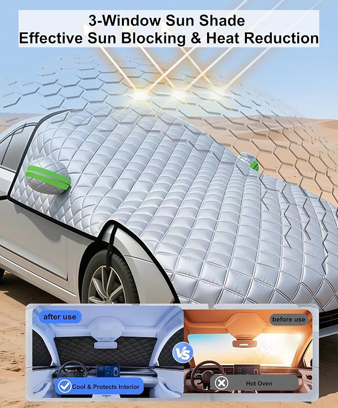 Padded Windshield Sun Shade Hood Cover Universal Fit Sedan SUV | Waterproof Windshield, Driver Side Window and Engine Hood Shield, All Weather Vehicle Guard Against UV Rays, Snow, Ice, Hail
