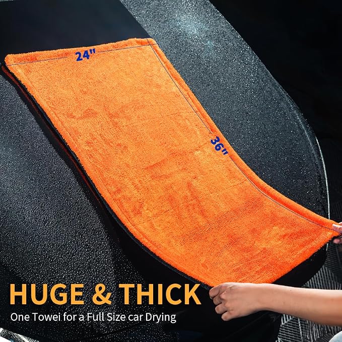 SGCB 24"x36" Car Drying Towel, 1200GSM Microfiber Towel for Cars, Twisted-Loop Drying Towel Car Detailing, Double Sided Super Absorbent, No Water Spots, Label-Free Design Car Towel