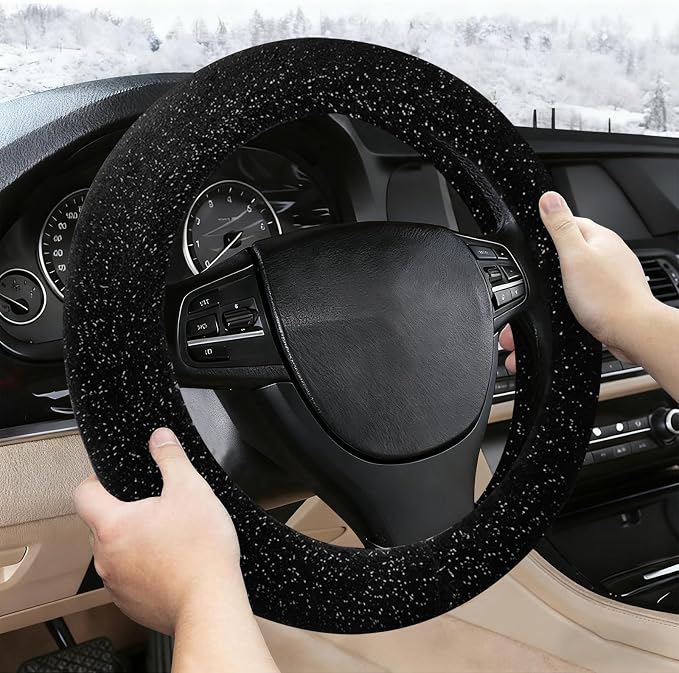 Black Bling Starry Sky Furry Steering Wheel Cover, Universal 14.5-15 Inch Winter Plush Warm Steering Wheel Cover, Soft Fluffy, Anti-Slip Design, Soft Texture