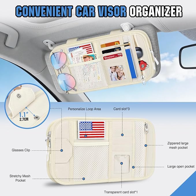 HUANLANG Car Sun Visor Organizer, Tactical Car Accessories with Zipper Storage Pouch, Glasses Clip Card Sleeve Pocket, Multi-Pocket Visor Organizer Fits Most Cars, SUVs, Trucks
