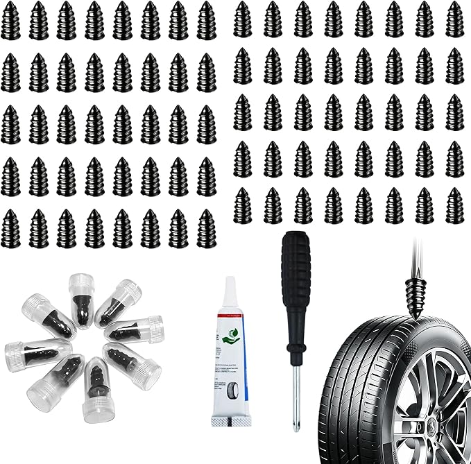 82 PCS Tire Repair Rubber Nail Kit with Sealant Glue & Screwdriver, Premium Spiral Screw-in Tire Plugs with 2 Sizes - Emergency Roadside Flat Tire Fix for Car Truck Motorcycle ATV SUV