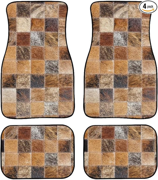 Faux Cowhide Patchwork Print Car Floor Mats Set of 4 Retro Cow Fur Pattern Universal Vehicle Floor Carpet Decorative Auto Front Rear Foot Rugs for Trucks SUV Sedan
