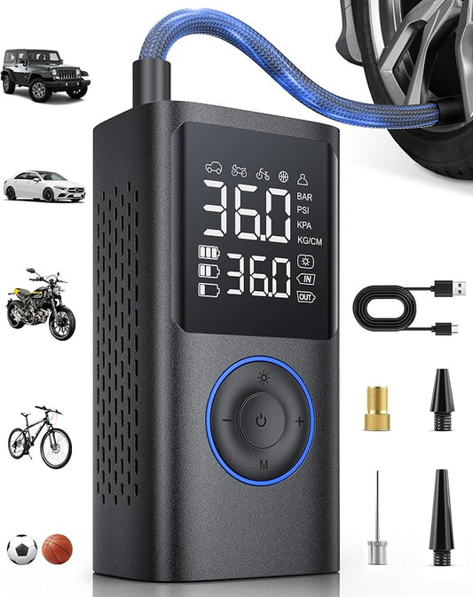 Powools Tire Inflator Portable Air Compressor, 150 PSI Cordless Bike Pump, Air Pump for Auto, Motorcycle, Bicycle, Balls with Pressure Gauge, LED Light & Car Accessories, Blue, Standard Capacity