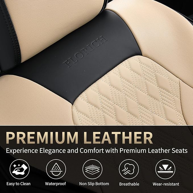 FLORICH Seat Covers, Car Seat Covers Front Seats, Luxury Nappa Leather Seat Covers, Breathable and Waterproof Car Seat Protector 2 Seat, Automotive Seat Covers Universal for Most Cars-Black&Beige