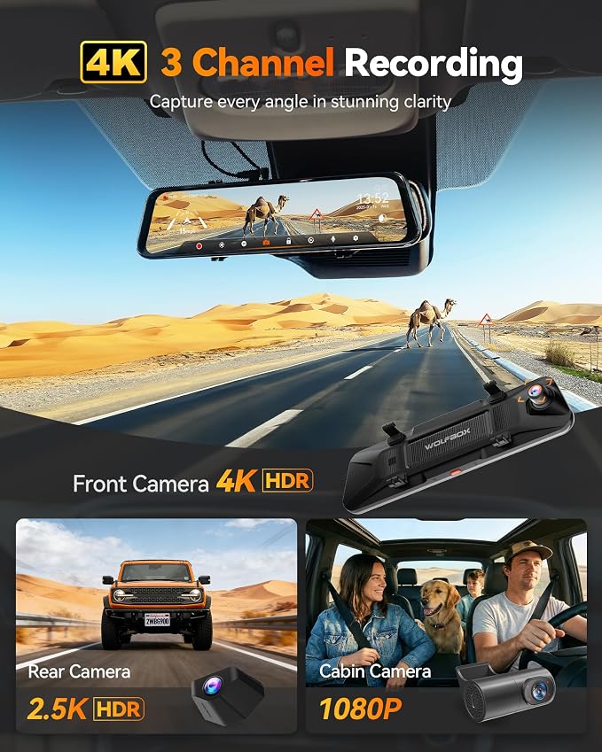 WOLFBOX G900 Tripro Cabin-N 3 Channel 4K Mirror Dash Cam,8MP STARVIS IMX678 | 12'' 4K+1080P+2.5K Front Inside Rear View Mirror Camera,Night Vision,5.8GHz WiFi,Voice Control,GPS,Car Truck SUV,No SD Card