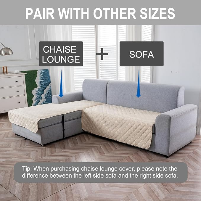 Genina L Shape Couch Cover, Sectional Couch Chaise Covers, Waterproof Washable Sofa Covers for Left L Shape Chaise Lounge, Anti-Slip Sofa Slipcovers for Dogs Cats Pet Friendly(Beige)