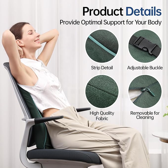Soft Comfortable Memory Lumbar Support Pillow Back Cushion for Office Chair | Built-In Adjustable Straps Secure Reduce Back Soreness Pressure Distribution Breathable Premium Fabric Long-lasting Support