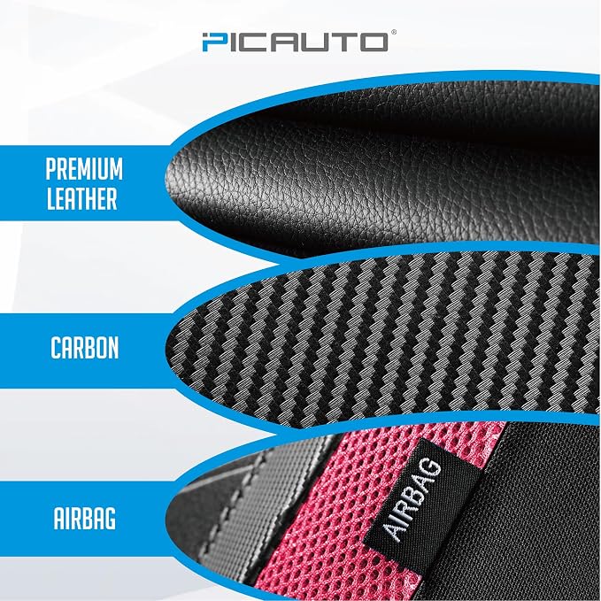 PIC AUTO Leather Car Seat Covers, Sports Carbon Fiber & Mesh Design, High-Back Front & Rear Full Set, Waterproof Automotive Seat Covers, Airbag Compatible, Universal Fit for Most Cars (Black&HotPink)