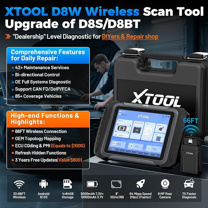XTOOL D8W Wireless Bidirectional Scan Tool, AI-Assisted OBD2 Scanner with Topology, 3-Year Updates, ECU C0ding, PMI, 42+ Resets, Full Diagnostic Scanner for Car, Crankshaft Relearn, FCA/CAN FD/DoIP