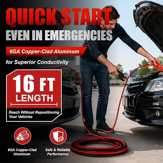 Heavy Duty Jumper Cables,6 Gauge 16 Feet Booster Battery Cable,Automotive Wires with LED Light,Alligator Clips,Carrying Bag,Safety Gloves and Iron Brush for Cars Truck