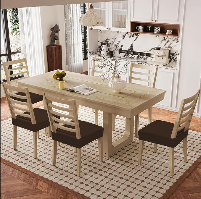 Smiry Waterproof Seat Covers for Dining Room Chairs Set of 8, Stretch Jacquard Removable Washable Chair Seat Slipcovers Protector, No Rear Covers, Brown