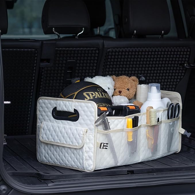JiatuA Car Trunk Organizer for SUV, Car Storage Organizer Collapsible Multi Compartment Container Box Adjustable Car Accessories for Women Men, Beige