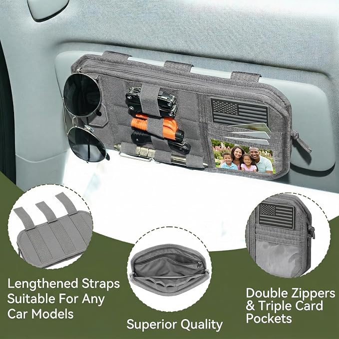 molle Tactical Sun Visor Organizer car Zipper Storage Pouch & Glasses Clip | Police Tactical Visor Molle Panel Interior Vehicle pocket Accessories for Truck Suv Police Car Gear Supplies(Gey)