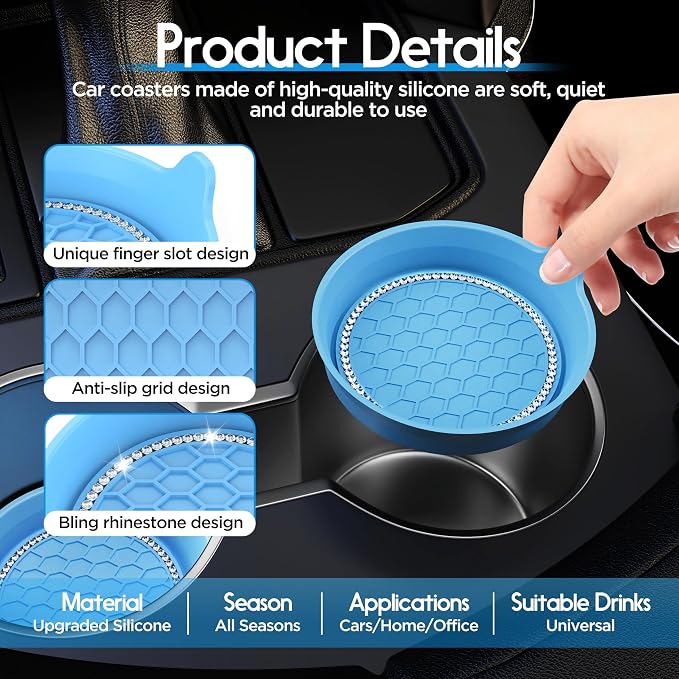 Amooca Car Cup Coaster Universal Non-Slip Cup Holders Bling Crystal Rhinestone Car Interior Accessories 2 Pack Light Blue