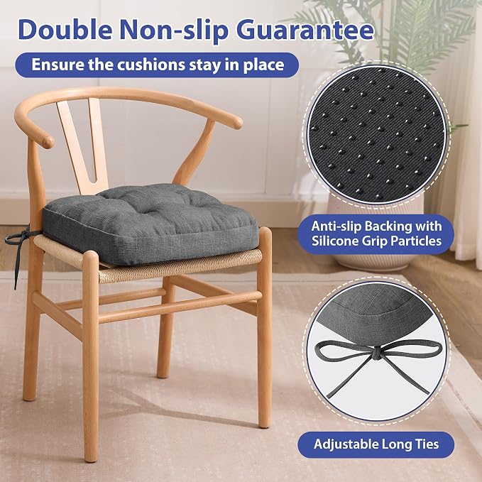 IASEAHK Chair Cushions for Dining Chairs, Dining Chair Cushions, Tufted Indoor Chair Pads with Ties & Non Slip Backing, Seat Cushions for Kitchen Chairs 16.5” x 16.5” x 3.5”, Set of 4, Grey