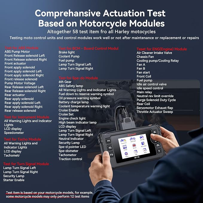 iCarsoft MT V6 Motorcycle Diagnostic Scan Tool for Harley, 57 Reset Services, 43 Actuation Test, Battery Test, All Motorbike System Diagnose, Read/Clear Codes, Live Data,Also Car OBD2 Diagnose