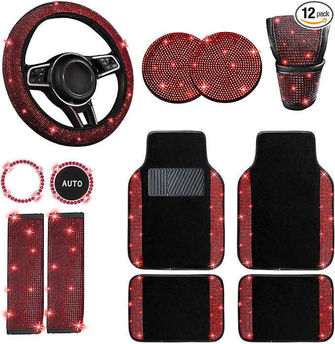 NBTEPEM 12 Pcs Bling Car Accessories Set for Women Car Floor Mats Full Set Steering Wheel Cover Seat Belt Covers Coasters Universal Fit Car SUV Truck Van Red