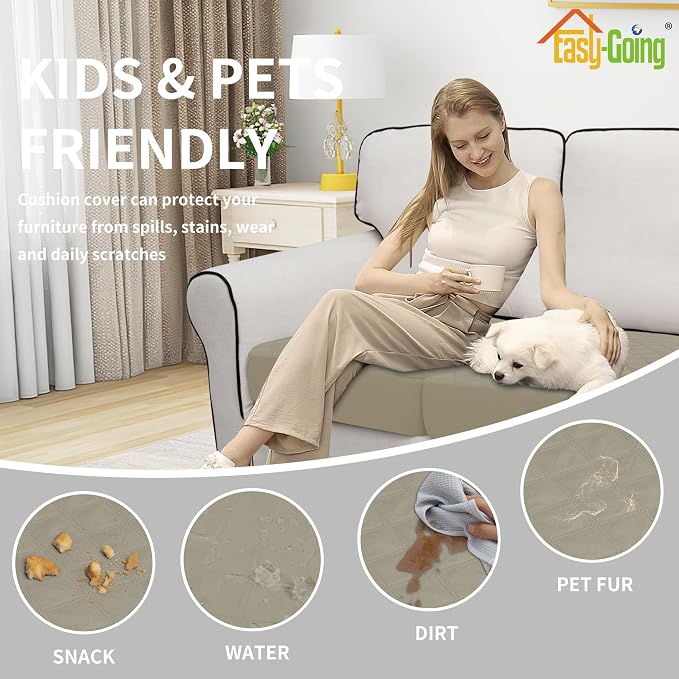 Easy-Going Waterproof Couch Cushion Covers, Non-Slip Leakproof Sofa Seat Cushion Slipcovers, Quilted and Stretch Furniture Protector for Dogs, Pets (2-Piece Sofa Cushion, Beige)