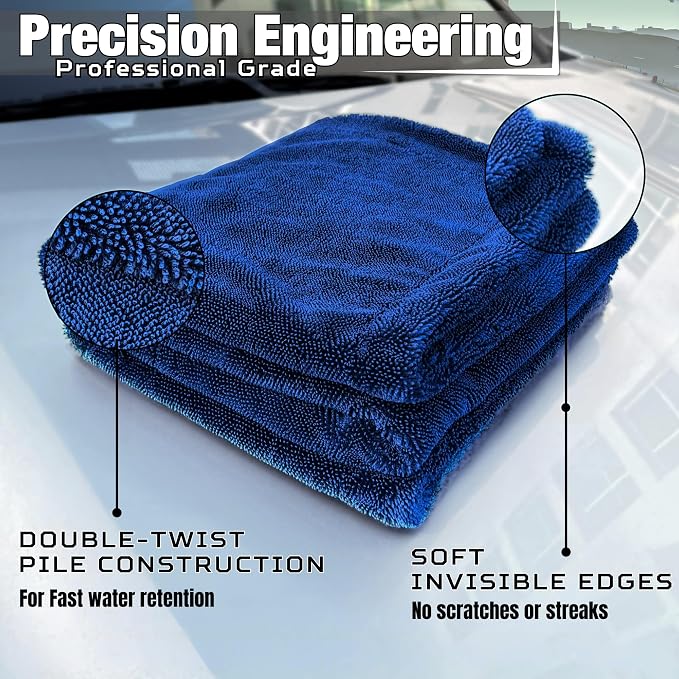 Premium XL Car Drying Towel 40"x24" - 1300 GSM Car Towel, 4-Pack (Navy) | Extra Large Professional Drying Towels Car Detailing, Double Twisted Loop Super Absorbent Microfiber Drying Towels for Cars