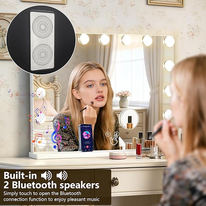 Ratsamee Hollywood Vanity Mirror with Lights and Bluetooth Speaker, 15 Dimmable Bulbs, 3 Color Lights,Make Up Lighted Mirror, Aluminum Metal Frame, USB Charging Port（23" x 18"）