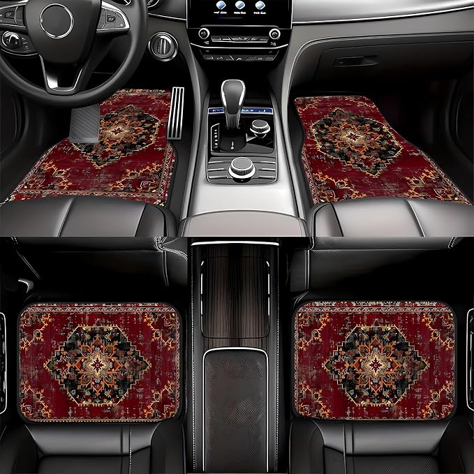 Universal Fit Car Floor Mats Set of 4Pcs,Bohemian Retro Yellow and Red All-Weather Front Rear Car Carpet Mats, Non-Slip Car Floor Mat Car Accessories for Automotive Trucks SUV Sedans Vans
