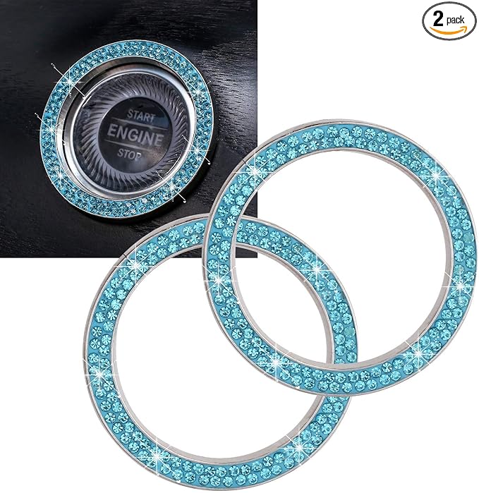 ToBeQueen Push to Start Button Ring Emblem Sticker 2Pcs Diamond Car Ring Stickers Rhinestone Car Accessories Interior for Women,Cute Car Decals Ignition Accessories Blue