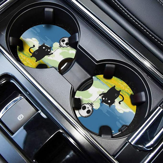 WOCOCN Car Coasters,Cup Holder Coasters for Car,2.75inch Anti Slip and Absorbent,Cute Automotive Interior Accessories for Cup Holder,Pack of 2 (Black Cat and Skull Balloon)
