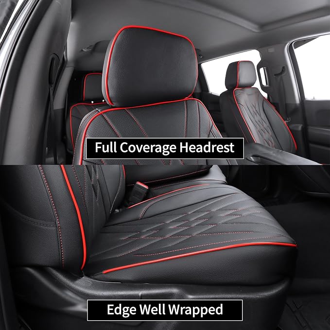 EKR Silverado Seat Covers Custom Fit for (DoubleCab) 2014-2018 Chevrolet Silverado 1500 WT/LS & 2015-2019 HD WT,2DR,Rear Bench Seat No Armrest,Faux Leather(Black with Red Trim)