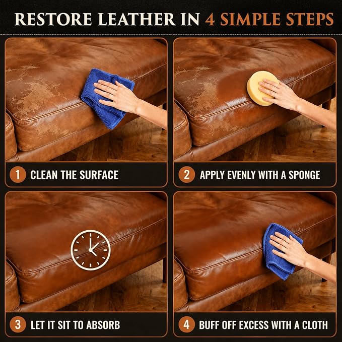 Leather Conditioner and Cleaner Balm for Furniture, Couch, Car Seats, Boots and Bags - Professional Leather Restorer with Natural Beeswax - Deeply Nourishes, Protects and Restores Shine (8oz)