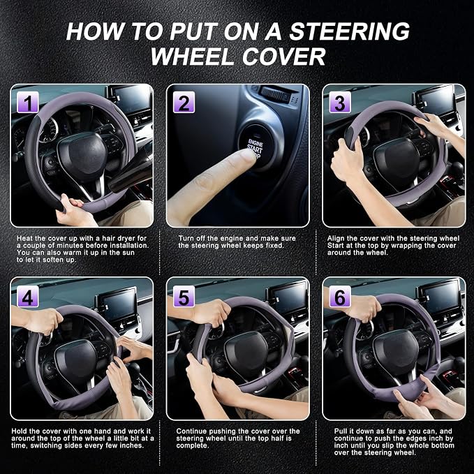 SEG Direct Steering Wheel Cover for 14.5-15 inch Wheels, Breathable PU Leather with Perforated Sides, Anti-Slip Grip, Universal Fit for Cars & SUVs, Black and Light Purple