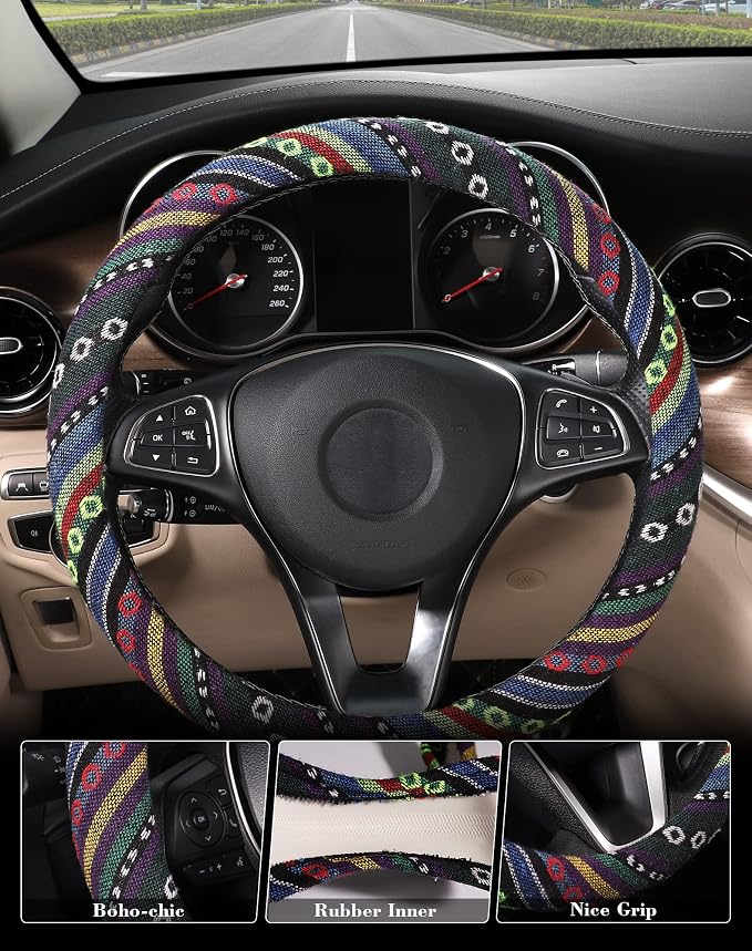 SEG Direct Boho Steering Wheel Cover, Baja Blanket Cloth, Coarse Flax | Bohemian Car Decor, Ethnic Style, Coarse Flax, Fabric Cover Fits 14 1/2-15 1/4 inches Standard Medium Size, for Women Men