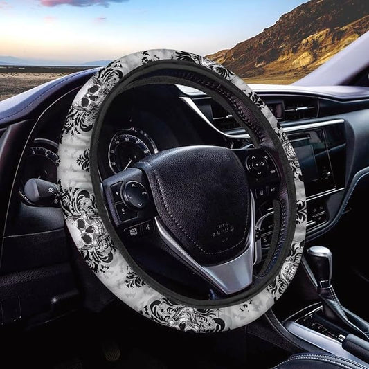 AFPANQZ Steering Wheel Protection for Automotive Steering Wheel Covers | Skull Floral Grey, 14-15 In, Sweat Absorption Comfort Grip for Driver Women Men