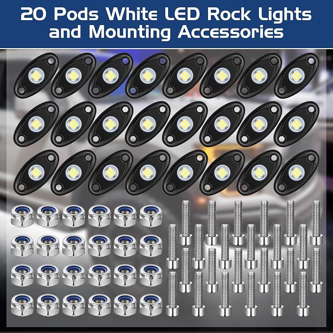 Treela 20 Pods Rock Lights Pure Ambient Underglow Lights for Car SUV Waterproof Neon Trail Rig LED Lamp Lighting for Truck Motorcycle ATV UTV(White)