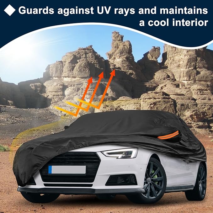 Black Heavy Duty Waterproof Car Cover for Sedan 185"-191" - All-Weather UV Protected Outdoor Full Exterior Cover with Sun/Snow/Rain Resistance