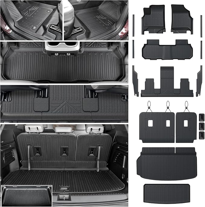 Floor Mats Set for 2024-2026 Chevy Traverse & GMC Acadia, with Sub-Trunk Mat, Only for 7 Seats Captain Chairs, All Weather TPE Cargo Liner Door Sill Guards Accessories