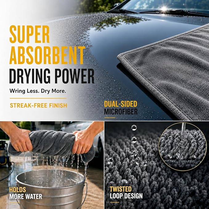 teworld® Car Drying Towel, Extra Large 48 x 24 Inch, 1400 GSM, Dual-Grey | Twisted Loop Microfiber Towel for Cars - Absorbent Car Dry Towel and Car Wash Towel for Streak-Free, Paint-Safe Car Detailing