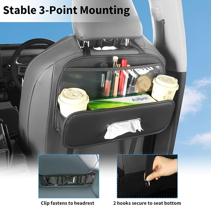 Back Seat Car Organizer with Tissue Holder and 2 Pack Cup Holders | Multifunctional Car Backseat Organizers and Storages with Transparent Bag & Hooks Universal Tissues Box for SUV Sedan Van