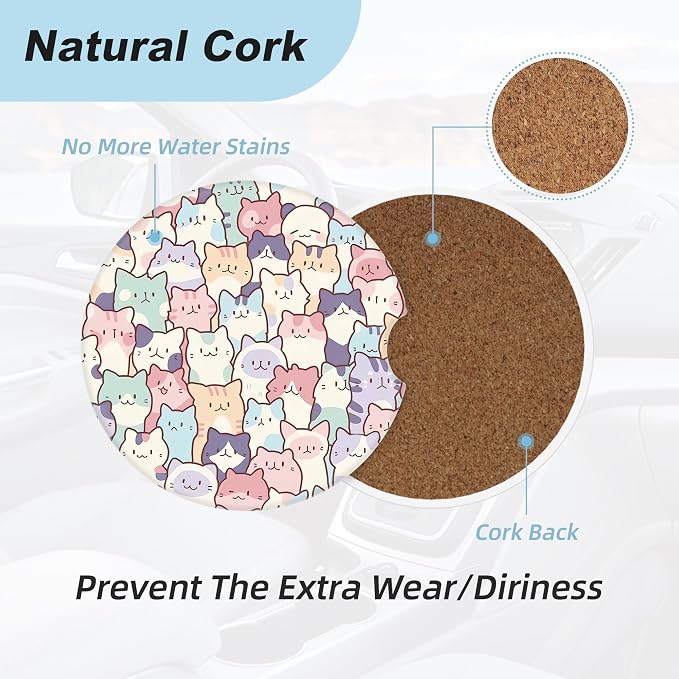 Cute Colorful Cats Car Coasters for Cup Holders,2 Pack Car Cup Holder Coasters for Car,Ceramic Absorbent Car Coaster with A Finger Notch and Cork Base,Car Interior Accessories for Women Men