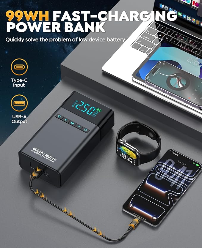 Car Battery Jump Starter with Air Compressor 6000A 160PSI, Car Jumper Starter Portable (All Gas/12L Diesel), 12V Jump Box Car Battery with Auto-Shutoff Tire Inflator, Jumper Cables and Light