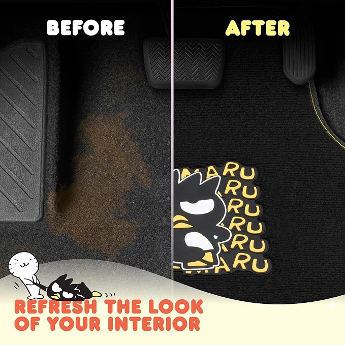 Badtz-Maru Carpet Car Floor Mats - Universal Fit for Cars, SUVs & Trucks - Black Hello Kitty Print Bad Badtz-Maru Accessories - Front & Rear Set, 4 Piece Cute Car Accessories