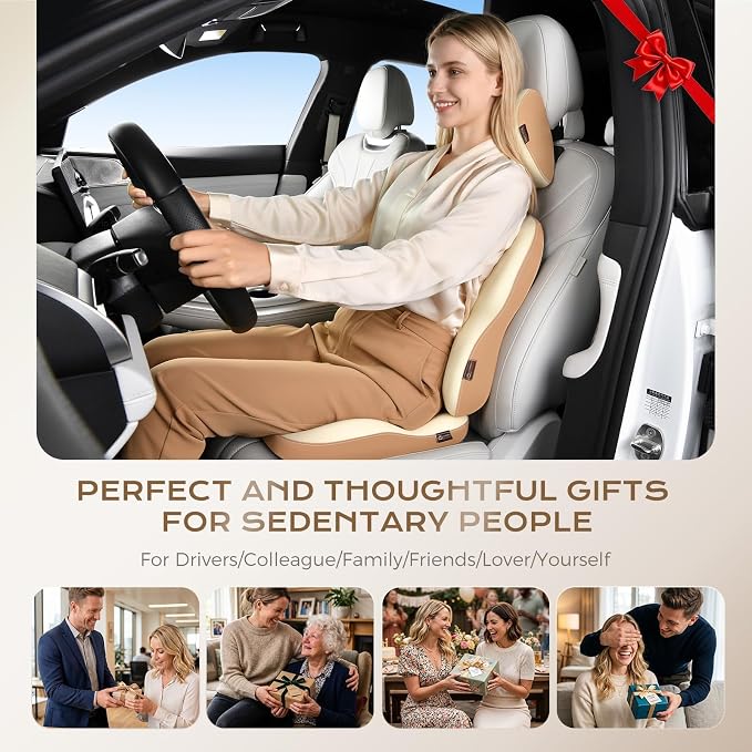 Coverado Truck Seat Cushion and Lumbar Support Headrest Pillow Memory Foam Ergonomic Car Cushion Back Neck Support Pillow Sciatica & Back & Tailbone Pain Relief Car Cushions for Driving Coffee&Beige