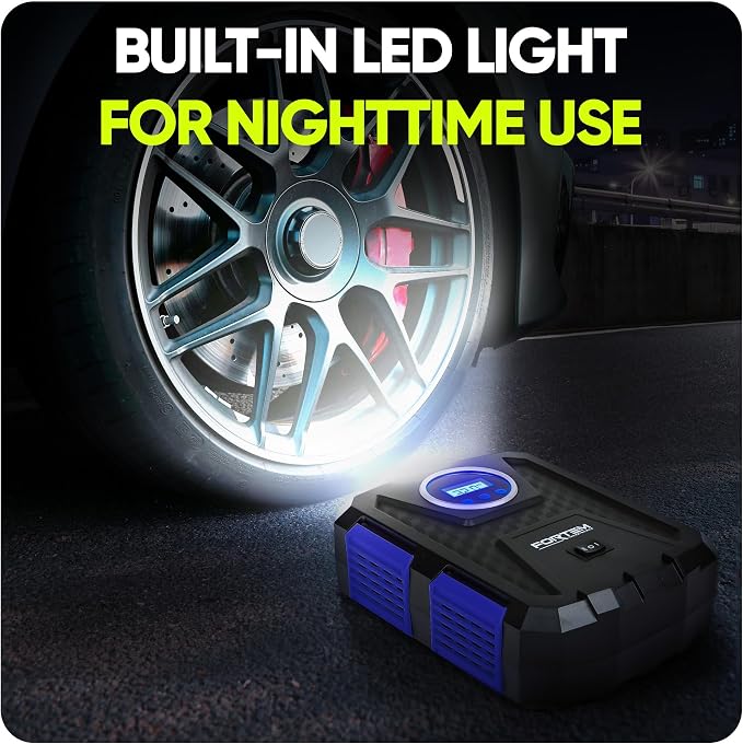 FORTEM Tire Inflator Portable Air Compressor, Air Pump for Car Tires and Bikes, Car Tire Pump w/Auto Shut Off, 150 PSI, 12V DC, LED Light, Carrying Case, Perfect For Men, Women