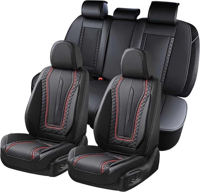 Coverado Car Seat Covers Full Set, Front Seat Cover and Back Seat Covers for Cars, Faux Leather Waterproof Seat Covers, Car Seat Protectors, Automotive Seat Covers Universal for Most Vehicles Black