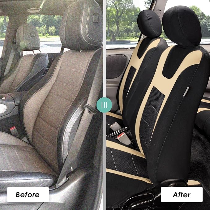 FH Group Car Seat Covers Sports Seat Covers Front Seats Only, Airbag Compatible Beige Black Automotive Seat Cover Combo Small Car Seat Cover Design Universal Fit Interior Accessories Cars Trucks SUVs