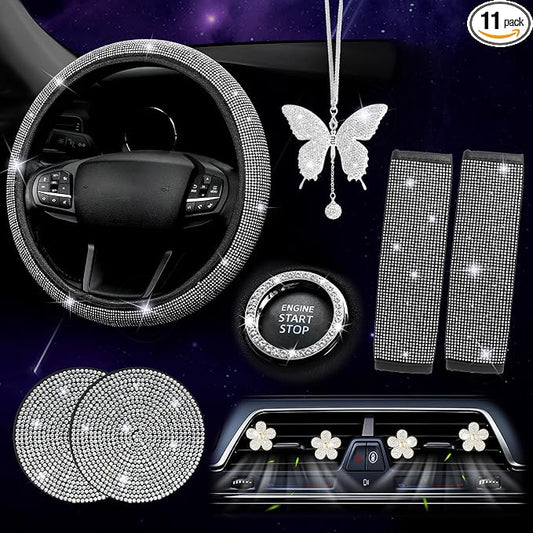 ARTILAURA 11 PCS Bling Car Accessories Set for Women Steering Wheel Covers Butterfly Hanging Seat Belt Cover Cute Air Vent Clips Coasters Glitter Diamond AUTO Interior kit (White)