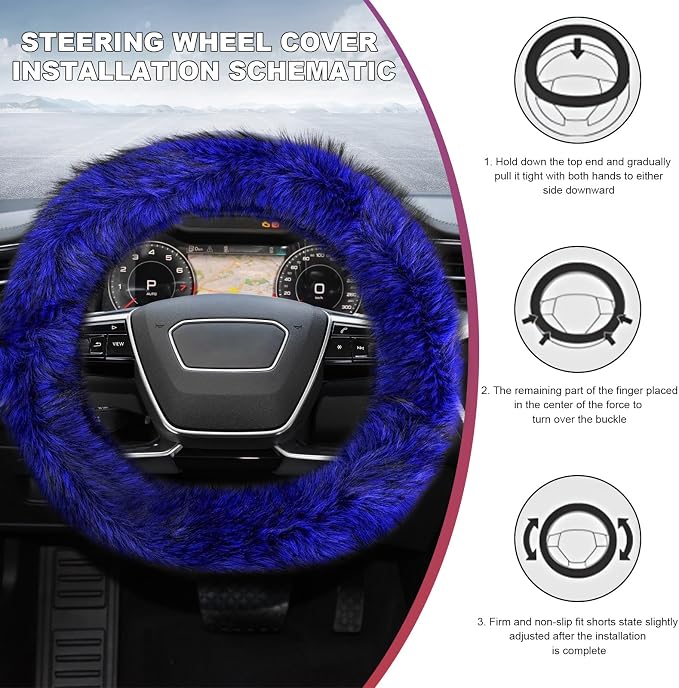 Fluffy Steering Wheel Cover, 15 Inch Anti-Slip Microfiber Plush Fuzzy Steering Wheel Cover, Winter Warm Elastic Fuzzy Steering Wheel Covers for Women and Men, Car Accessories (Blue)