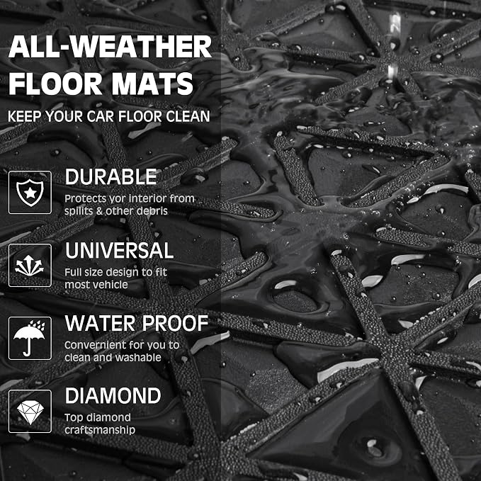 CAR PASS Bling Rubber Car Mats Diamond Floor Mats Full Set Anti-Slip 3D Rhombus Waterproof Universal Trim to Fit Liner Glitter Crystal Sparkly Shining Rhinestone Girl Women SUV Sedan Van, Black Pink